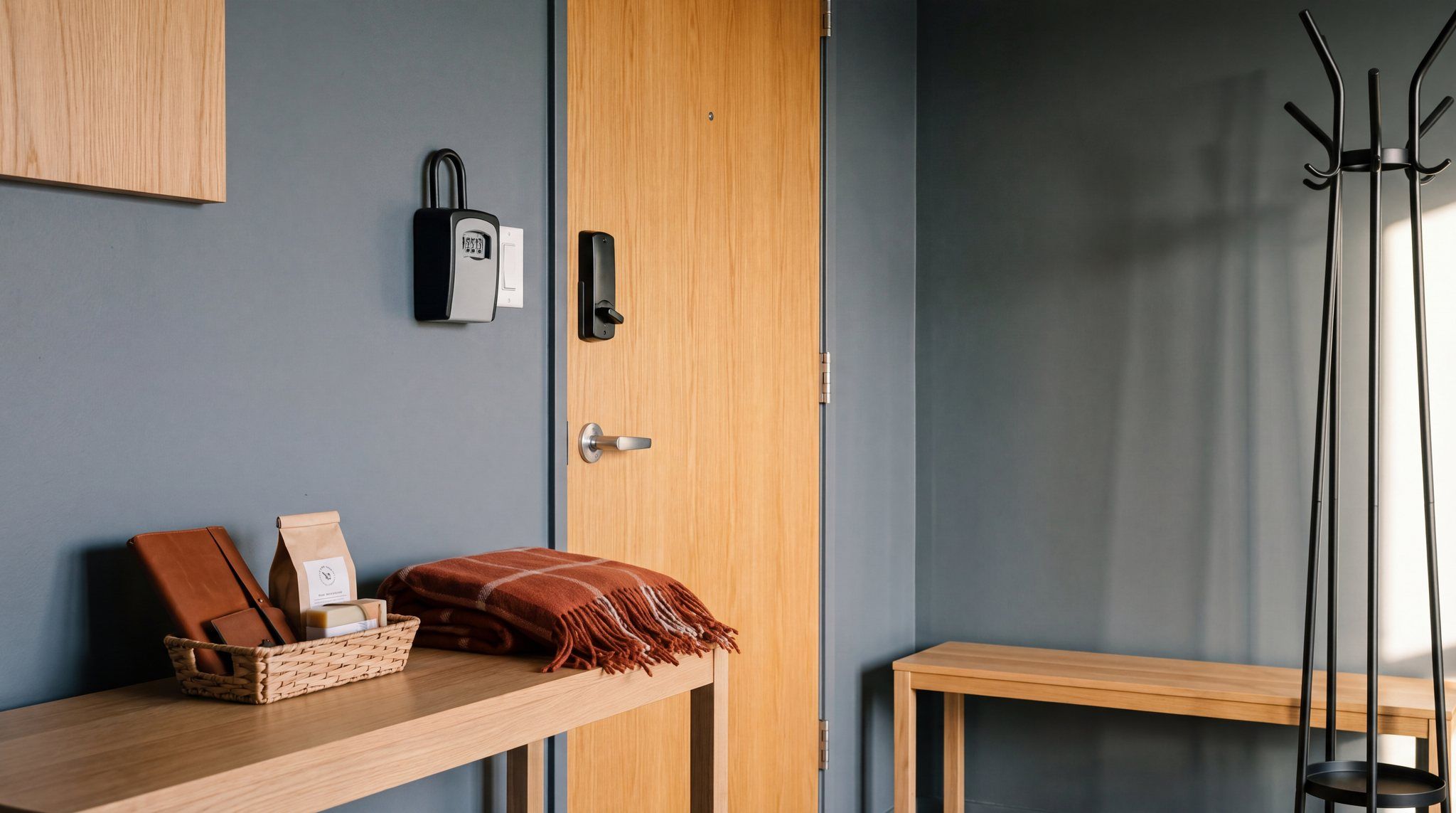 Entrée d'un logement : boîte à clés fixée au mur, serrure électronique sur une porte en chêne, console en bois clair avec un panier, un sachet de café, un savon et un plaid rouille